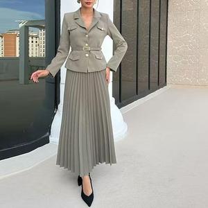 Setelan Wanita 2 Potong: Atasan Jas Berkerah dengan Pinggang Berlipit dan Rok Panjang Berlipit Warna Solid Sehe Fashion - Product Image 5