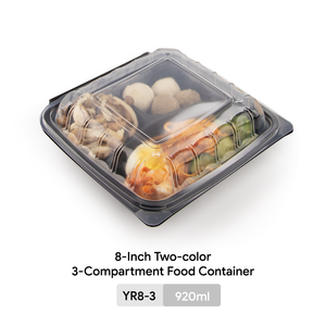 Boîte à lunch pliable en plastique avec couvercle transparent noir, 3 compartiments, conteneur alimentaire thermoformé 8*8 pouces - Product Image 1