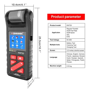 KONNWEI KW720 6V 12V 24V 30V Testeur de batterie de voiture avec imprimante Véhicules Outil de diagnostic de santé de la batterie Testeur de batterie de voiture Konnwei