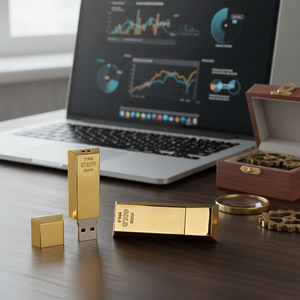 Chiavetta USB a Forma di Lingotto d'Oro 20x58mm in Legno e Metallo con Memoria da 32GB, Stile Animatronico, Logo Inciso, Confezione Regalo - Product Image 3