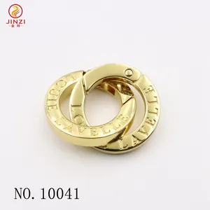 Jinzi quality bag hardware custom brand logo name flat metal spring snap clip open o clasp ring