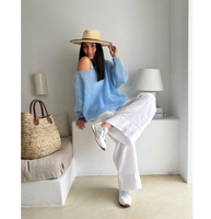 Pull-over en maille fine et épaisse de luxe bleu ciel pour femme, en mohair et polyester, style B2B, pour jeune femme et fille