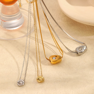 European American Minimalist <b>Titanium</b> Steel Necklace Women Irregular Oval Pendant 18K Gold Plated Bezel Setting Clavicle <b>Chain</b> - Product Image 3