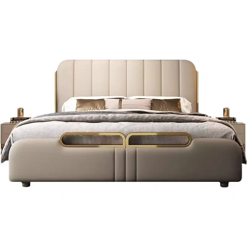 Estructura de cama con funda, cama queen de madera de lujo, cama matrimonial iluminada, muebles de dormitorio, camas modernas para el hogar, cama king size