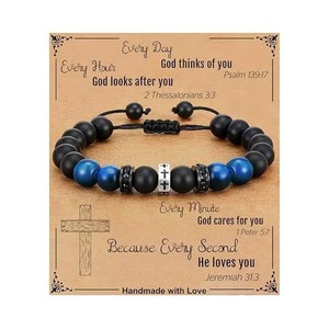 Bracciale Intrecciato con Perline in Occhio di <span class=keywords><strong>Tigre</strong></span> Blu Opaco, Bracciale Sportivo con Croce, Gioiello Regalo per Uomo - Product Image 2