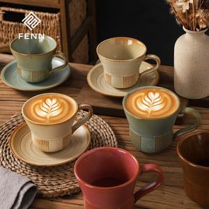 Tasse à café et soucoupe en céramique rétro vintage FENN, forme de corne unique, poterie en argile, tasse à café <span class=keywords><strong>latte</strong></span>, tasse japonaise faite à la main pour café - Product Image 5