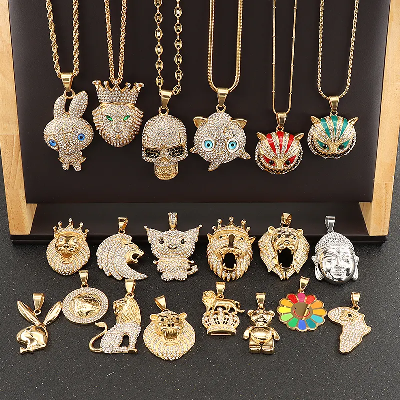 Acero inoxidable oro León Buda calavera Animal oso ancla Cruz mano letra África mapa Estrella Mariposa ojo León encantos