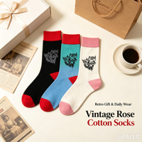 Chaussettes en coton jacquard vintage unisexes à motif rose, chaussettes décontractées rétro à blocs de couleur, logo personnalisé OEM