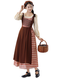 En stock : Ensemble de costumes de cosplay Médiéval Femme et Enfant, style Fille de ferme, avec <span class=keywords><strong>robe</strong></span> tablier à carreaux en polyester, Tailles S-2XL, pour fête - Product Image 3