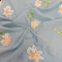 Kain Tenun Campuran Katun Biru Muda Bordir Payet Bunga Daisy Putih Oranye Bernapas, Abaya Timur Tengah untuk Pakaian Pernikahan yang Sopan