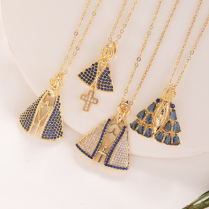 Collier pendentif <span class=keywords><strong>Nossa</strong></span> Senhora Aparecida plaqué or 18 carats avec zircon cubique bleu, bijoux religieux catholiques pour femmes - Product Image 2