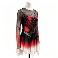 Robe de patinage artistique à manches longues en maille dégradée rouge et noir, dos ouvert ajouré, ornée de strass, pour filles et enfants, danse sur glace