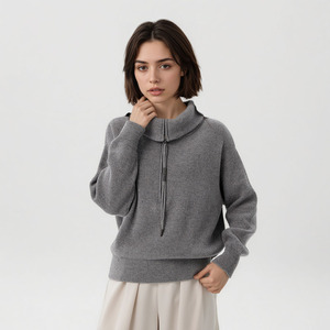 Suéter de punto de lana de estilo <span class=keywords><strong>italiano</strong></span> para mujer 100% jerséis de punto de cuello extendido con cremallera frontal de lana pura OEM ODM/venta al por mayor - Product Image 2