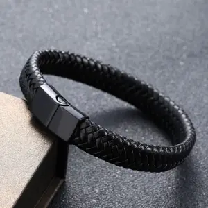 Wholesale Retro Magnetic Clasp Bracelet Fashion Men Braid Leather Wrist Band Bracelet Black Punk Mens Bangles Jewelry