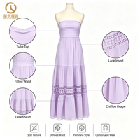 Robe longue de soirée fluide sans bretelles pour femme, en mousseline de soie lavande avec broderie ajourée et dentelle, personnalisable en usine (OEM/ODM)