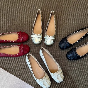 Square Toe Ballet Flats Solid Color <b>Bow</b> Decoration Slip-On Genuine Leather Flat <b>Shoes</b> Women All Seasons - Product Image 1