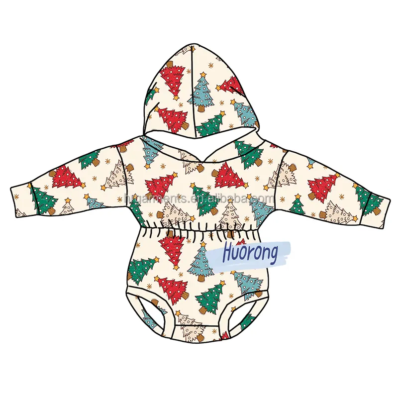 Boutique Newest Christmas Tree Printing super soft hooded romper Baby jumpsuits