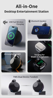 Chargeur sans fil magnétique 25W avec haut-parleur TWS et lumière d'ambiance pour téléphone portable, montre et écouteurs, certifié CE ROHS FCC, pour les marchés d'Europe et des États-Unis