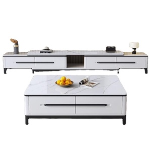 Ensemble meuble TV et table basse en pierre frittée de luxe léger pour petits salons, en bois massif moderne extensible - Product Image 1