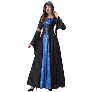 Disfraz de Halloween para mujer, disfraz de bruja Grim Reaper, estampado de estrellas azules, manga larga, longitud completa - Product Image 5