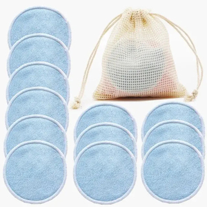 Lot de 12 tampons démaquillants réutilisables en fibre de bambou et <span class=keywords><strong>coton</strong></span>, avec logo personnalisé, design arrondi, et sac de lavage écologique - Product Image 2