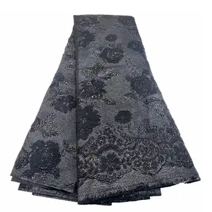 Grosir ekspor Eropa kain renda brokat buram kain sutra Jacquard hitam renda kain untuk gaun pesta pernikahan