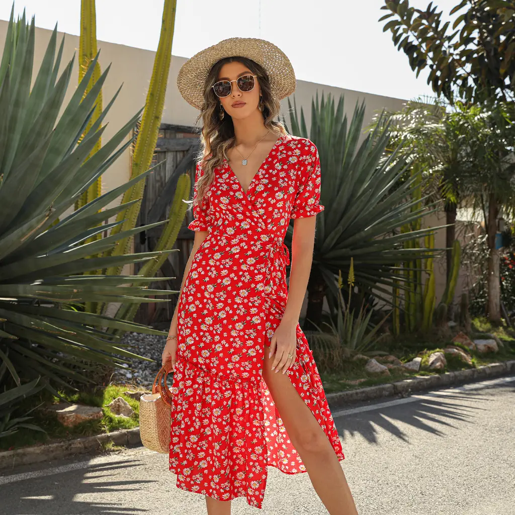 2023 New Arrivals Vestido Summer Beach Vacation Bohemia Hippie Chic Floral Print Short Sleeves Dress