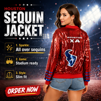 Veste à sequins 2027 Texan Game Day à motif uni rouge, blanc et bleu avec logo en jersey tissé sur le devant et fermeture éclair – Vente en gros personnalisée