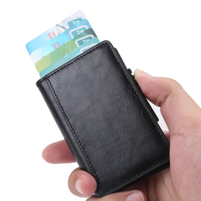 С функцией блокировки rfid карты боковая крышка корпуса пуш-ап коробка для кредитных карт кожаный бумажник