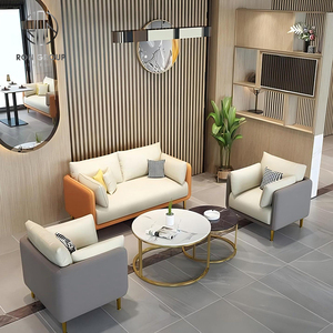 ชุดเฟอร์นิเจอร์ร้านอาหารเชิงพาณิชย์โซฟากรอบสีทองพร้อมโต๊ะกาแฟทรงกลมหินอ่อนและหมอนอิงสีน้ำตาลเบจสำหรับร้านกาแฟ - Product Image 6