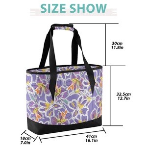 Lavender Hawaiian Summer Flowers Print Hand Bag Custom Zipper up Portable Insulated Cooler Lunch Tote Bag for Picnic - Product Image 2