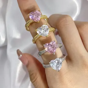 Wholesale New Arrival Pink Zircon 18K Gold Plated CZ Heart Ring Women Girls Fine Jewelry