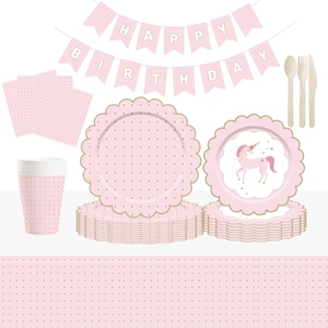 Fournitures de fête d'anniversaire pour enfants DAMAI, thème licorne rose, vaisselle jetable ronde pour filles, serviettes en papier, gobelets, assiettes - Product Image 2
