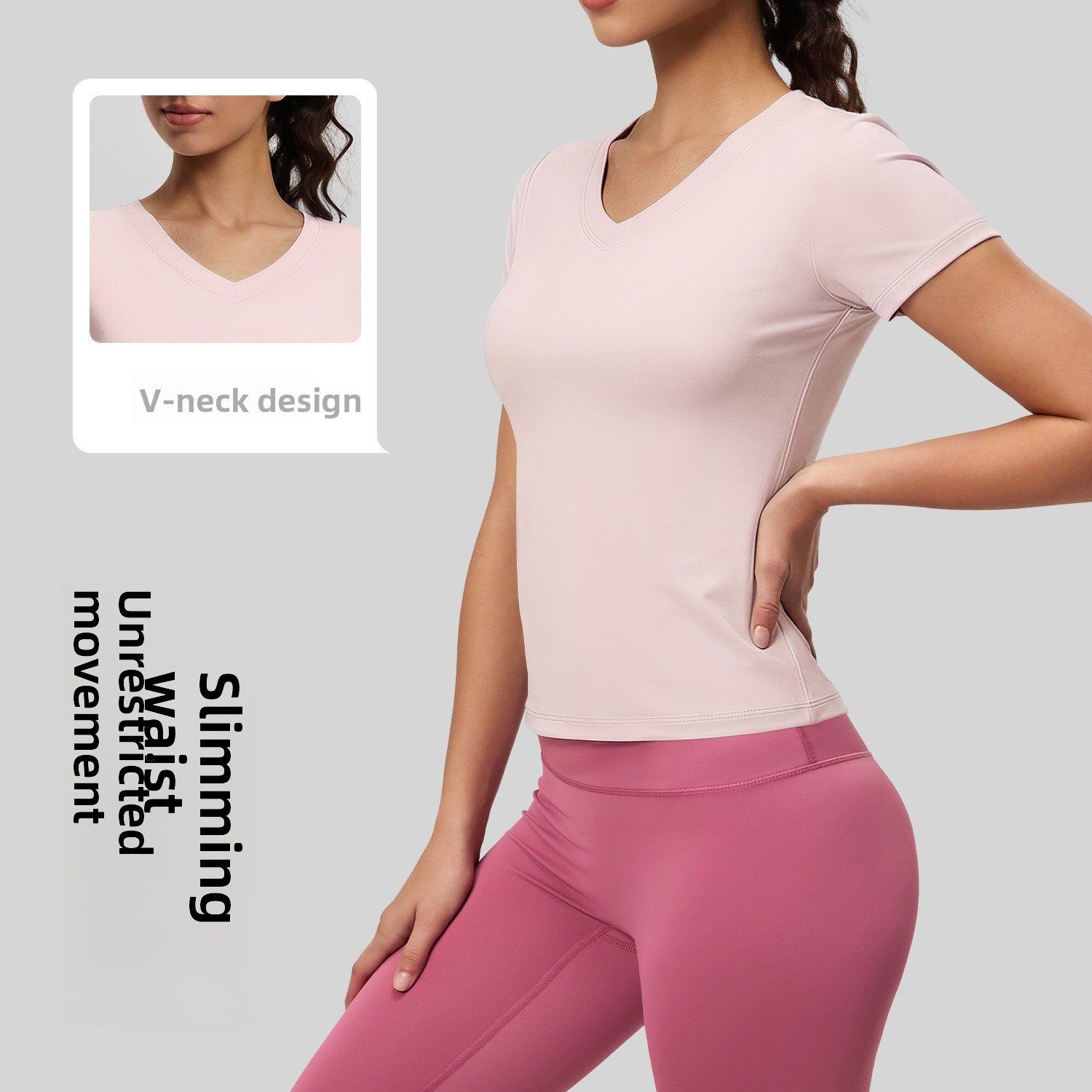 2026 New Peach Basic V-neck Short-sleeved Spandex/Polyester Solid Sports Fitness Running Breathable Slim Yoga Top Women