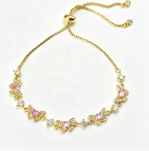 Dainty Adjustable Heart Pink Cubic Zirconia Butterfly <b>Bracelet</b> 18K Gold Plated Pull Chain Daily Wear Jewelry Bulk - Product Image 1