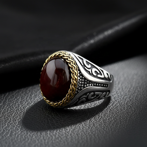 Anillo de Piedras Preciosas Naturales de Dos Tonos en Acero Inoxidable 316 Resistente al Agua, Estilo Punk para Hombre, Tono Plata Antigua, Ojo de Tigre Oscuro y Audaz - Product Image 1