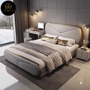 King And Queen Size Solid Wood Slat Bed Stainless Steel Frame Upholstered Bed with Leather Headboard
