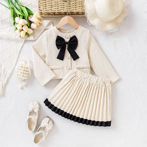 Ensemble de vêtements pour petite fille, style européen, écologique, respirant, printemps-été, cardigan à nœud, jupe plissée, tricot en coton, 3-8 ans - Product Image 3