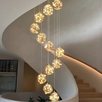 Lustre LED en forme de ligne de pêche ciel étoilé, télécommande, acier inoxydable, verre, grand salon, escalier ouvert, lumière de luxe