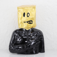 Sculpture d'homme en résine abstraite avec tête de sac en papier, figurine amusante à visage de dessin animé, ornement artistique moderne jaune et noir pour bureau et table