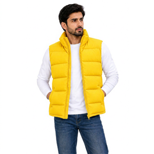 Chaleco Acolchado de Lona Amarilla Gruesa para Hombre, Estilo Industrial, Cuello Alto, Cierre Frontal con Cremallera, Sin Mangas, Chaqueta de Invierno con Relleno de Algodón - Product Image 1