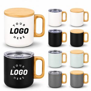 Custom logo 400ml Bamboo Handle Coffee <b>Mug</b> with Lid Promotional Gifts Coffee <b>Tea</b> Office Insulated Stainless Steel Travel <b>Mug</b> - Product Image 1