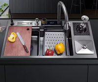 Évier de Cuisine en Acier Inoxydable Fait Main, Design Moderne, Bac Simple Multifonction, avec Robinet Extensible en Nylon