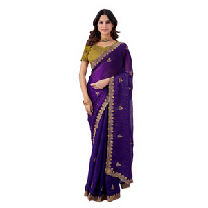 <b>Purple</b> Chiffon <b>Saree</b> with Gold Embroidery Traditional Indian Wedding Wear Women's Floor Length Sari - Product Image 1