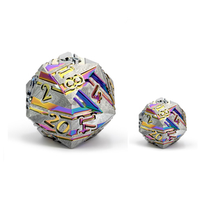 Vente en gros usine : <span class=keywords><strong>Dés</strong></span> de jeu <span class=keywords><strong>géants</strong></span> en métal D20 de 33 mm, <span class=keywords><strong>dés</strong></span> D&D à 20 faces, <span class=keywords><strong>dés</strong></span> D&D arc-en-ciel à rayures violettes, vertes et bleues - Product Image 1