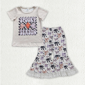 Ropa de gran oferta para niñas y niños, venta al por mayor, diseño de otoño, Top de manga corta con lazo rosa y pantalones acampanados, atuendo - Product Image 3