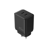 Chargeur rapide GaN PD double USB-C 45W avec prise AU, adaptateur secteur mural 2 ports pour ordinateur portable, iPhone 18 17, iPad Pro, tablette