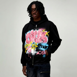 Sweat-shirt à capuche zippé noir pour homme avec imprimé graffiti rose, style streetwear, manches longues, poches latérales, en coton - Product Image 1