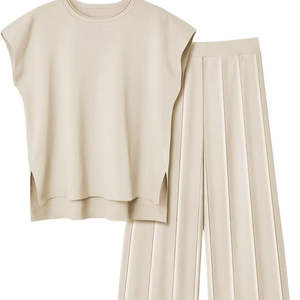 <b>Women</b> All Seasons Sleeveless Anti-Wrinkle V-neck Thick Fabric <b>Vest</b> Knit High Waist Pleated Pants Ice Silk Casual <b>Sweater</b> Set - Product Image 4