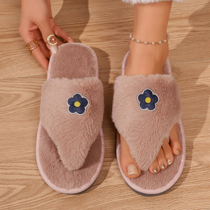 Plüsch-Flip-Flops mit Schwarzer Kunstfell-Blume, Offene Zehenpartie und Weicher Sohle, Großhandel für Damen, Flauschige Blumen-Zehenstegpantoffeln - Product Image 5